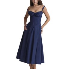 여성용 꽃무늬 미디 코르셋 드레스 여름 스파게티 스트랩 스퀘어넥 보헤미안 캐미 드레스 하늘거리는 슬릿 뷔스티에 선드레스 다크 블루 S