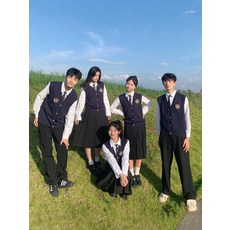 남자 여자 교복 세트 봄 가을 춘추복 정장 칼라넥 셔츠 민소매 조끼 스커트 치마 바지