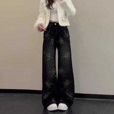 큐빅청바지 와이드 블랙 팬츠 데님팬츠 화려한 장식 진주, 1개, XL 블랙 정장기장