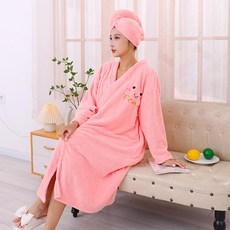 女士珊瑚絨浴袍可穿式浴巾加厚家用交叉綁帶長袖浴衣吸水速幹幹發帽洗澡睡衣 #櫻桃粉 #(長袖綁帶浴袍+幹發帽)兩件組, (長袖綁帶浴袍+幹發帽)兩件組