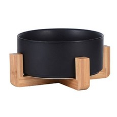 寵物碗木架陶瓷碗，防咬防滑貓狗通用，寵物飲水餵食碗, 黑色【大號15.5cm 含木架】, 1個