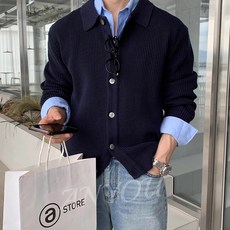 ANYOU 남성용 니트 긴팔 루즈핏 칼라 가디건 패션 코트