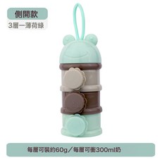 嬰兒奶粉盒便攜式外出米粉儲存罐密封防潮奶粉罐分格分裝盒輔食盒, 1個, 側開款-三層薄荷綠:如圖所示