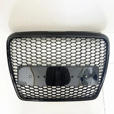 엠블럼이 없는 Audi A6 2006-2011용 올 블랙 완전 도금 앞 범퍼 허니콤 그릴, [01] Black, 1개