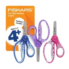 Fiskars 12.7cm(5인치) SoftGrip 뭉툭한 팁 가위 만 4-7세 아동용 (3팩) 학교 또는 공예용 가위 학교 용품 블루 퍼플 핑크 디자인, Fiskars 12.7cm(5인치) SoftGrip 뭉, 3-pack - Blue, Purple Pink.