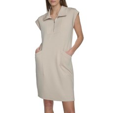 앤드류마크 여성용 반소매 칼라 1/4 지퍼 미니 드레스 오트밀. M