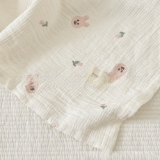 papa shoulder bonbon bebe 嬰兒蓋毯 三層棉紗布, 白邊刺繡鬱金香兔, 1套