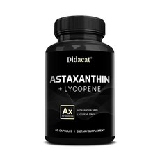 아스타잔틴 24 mg + 리코펜 50 mg 강력한 카로틴 보충제 항산화 보충제 - 피부 건강 및 색소 침착을 위한 최고의 아스타잔틴 보충제 - 비 GMO 인증 및 글루텐 프리, 60정, 1개