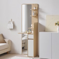 퍼니하우스 웨더 전신거울 슬림 틈새 수납 폴딩 선반 화장대, 오크화이트
