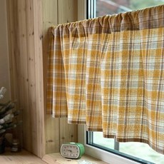주방 미니 봉집형 오버랩 옐로우 체크 바란스커튼