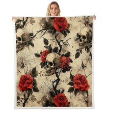 Erosebridal 로즈 슈가 스컬 후리스 담요 101.6cm x 127cm(40x50인치) 레트로 거미줄 따뜻한 플러시 셰르파 꽃 가시 공포 테마 퍼지 레드 화이트 고딕 방