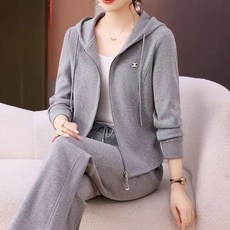 ORZQU 여성 봄가을 슬림핏 긴팔 후드 카디건 와이드 팬츠 트레이닝 투피스 세트