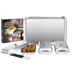 SearCook BBQ 야채 그릴 바구니 세트 범용 손잡이 및 뚜껑이 있는 4피스 스테인리스 스틸 그릴 팬 세트 식기 세척기 사용 가능 야외 요리 캠핑 피크닉 생선, Solid