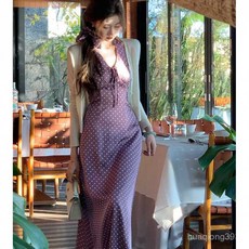 Yellwell여성 여름 도트 민소매 롱 원피스 여름 데일리 쉬폰 원피스LST