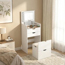 거울과 조명이 있는 3-in-1 배니티 3개의 수납 서랍이 모던 컴팩트 테이블 작은 메이크업 책상 침실용 쿠션 의자가 화장대 망토실플립 화이트, Flip Vanity White