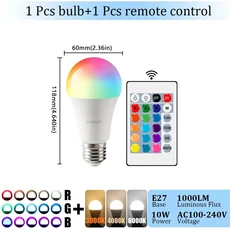 E27 베이스 RGB 전구 LED 24키 리모컨 디밍 가능 10W AC220V 침실 책상 램프용 다채로운 변경, 01 1pcs, 01 AC100-240V, 01 RGB 6000K