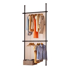 頂天立地伸縮衣架，免打孔置物架，可調節收納架，多功能衣物收納，穩固耐用, 雙層黑