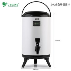 스테인레스 스틸 밀크티 절연 버킷 상업용 대용량 콜드 더블 레이어 두유 음료 온도계 차 음료 절연 버킷, 온도계가 있는 10L 흰색