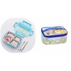 卡通h kitty哆啦A夢兒童便當盒304不鏽鋼四格午餐盒學生女分格飯盒可愛帶蓋餐盒送餐具 角落生物, 角落藍（四格1.3L配碗）+款1袋, 1個