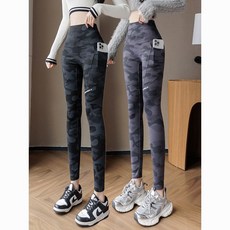 加絨迷彩瑜伽褲 冬季高腰雙口袋收腹鯊魚褲 保暖抗風大碼外穿打底褲