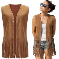Hercicy 여성용 프린지 조끼 70년대 히피 웨스턴 카우걸 조끼 인조 스웨이드 리벳 민소매 태슬 가죽 조끼 재킷 브라운. M