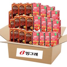 빙그레 멸균우유 190ml 2종 혼합24팩 (왕실 초코우유 12입+무설탕 딸기우유 12입), 24개