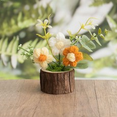 手工編織盆栽 毛線鉤織 仿真花 家居擺件, 1個, 3朵泡芙花黃色系