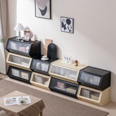 GOOD HOME 폴딩도어 전면오픈 수납장 먼지방지 대용량 모듈형 책장 장식장 감성 인테리어 거실 수납함, 화이트