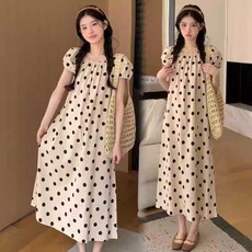 예쁜 봄 여름 임부복 임산부 옷 도트 폴카 반팔 롱 원피스 땡땡이 퍼프소매