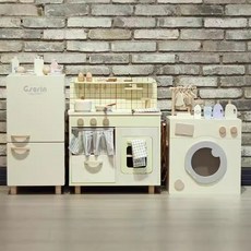 兒童過家家木質廚房仿真廚具男女孩做飯煮飯木製幼兒園遊樂場玩具, 1個, 廚房+冰箱+洗衣機:如圖所示