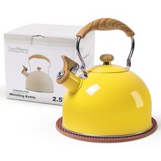LONFFERY 스토브 탑용 차 주전자 2.4L(2.5쿼트) 휘슬링 차 주전자 식품 등급 스테인리스 스틸 및 나무 패턴 접이식 손잡이 청록색, 옐로우 - 2.4L(2.5쿼트)