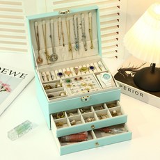 哆哆購 首飾盒 三層帶鎖 皮革大容量多層收納, 蒂芙尼藍, 1個