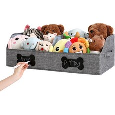 DIY 태그가 있는 Qozary 대형 반려견 장난감 바구니 - 접이식 통 패브릭 맞춤형 보관함 사다리꼴 보관 및 반려동물 용품 정리함그레이 미디엄 27.6x11.8, Beige/Gray, Large 35.4"x11.8", 1