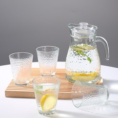 【一壺四杯】簡約冷水壺家用大容量壺果汁高顏值玻璃水杯水具套裝, 1個, 透明色錘紋水具5件套:規格, 1L