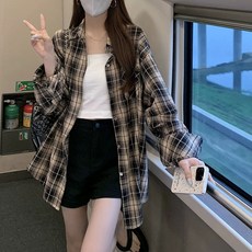 여성 셔츠 봄 여름 블라우스 오버핏 하프 긴팔 체크남방