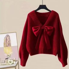 해피유통 여성 가을겨울 털실 브이넥 리본 니트 루즈핏bhf