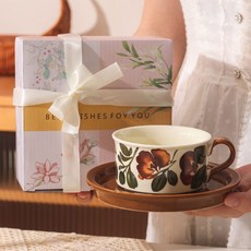 陶瓷咖啡盃碟套裝 黑色鳶尾花 禮盒裝, 1個, 中古風盃碟-棕色海葵花+禮盒裝, 中古風盃碟-棕色海葵花, 禮盒裝