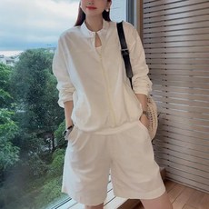 韓系簡約時尚套裝女 夏季新款亞麻長袖外套短褲兩件套, 白色