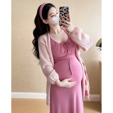 임부 롱 원피스 세트 봄 가을 임산부 롱 나시 원피스 + 니트 가디건 패션 임부복 세트 YXF