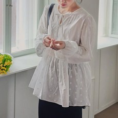 로로텐 플라워 자수 셔링 퍼프 긴팔 블라우스 여성 빅사이즈