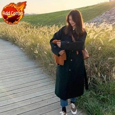 2025 여성용 중간 길이 울 코트 헵번 스타일 한국식 루즈핏 디자인 가을, L, Black (Add Cotton)