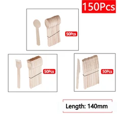 일회용 나무 수저 포크 스푼 커터 나이프 파티 피크닉 용품 주방 디저트 식기 16cm 10 개, 12 150pcs set (14cm)