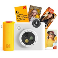 KODAK Smile+ 2-in-1 디지털 즉석 인쇄 카메라 및 무선 블루투스 사진 프린터 - 10MP 특수 효과 회전 렌즈 징크 2x3" 스티키백 사진 스마트 기기의 재미있, White, Camera, 1개