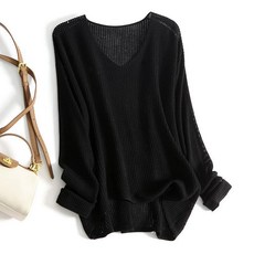 POMTOR 여성 베이직 루즈핏 브이넥 긴팔 골지 빅사이즈 니트 이너 티셔츠