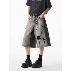 워싱 컷팅 데님 반바지 스트레이트핏 오버핏 페인팅