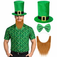 JcHrmers 성 패트릭의 날 코스튬 아일랜드 프린트 버튼 다운 셔츠 4개 벨벳 그린 토끼풀 모자 및 나비넥타이 남성용 멀티컬러. XL