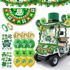 St Patricks 골프 카트 퍼레이드 장식 키트 거대한 레프리콘 요정 모자가 있는 자동차 장식 그린 메탈릭 틴셀 화환 번팅 깃발 풍선 토끼풀 스티커 야외 휴일용, St Patricks 골프 카트 퍼레이드 장식 키트,