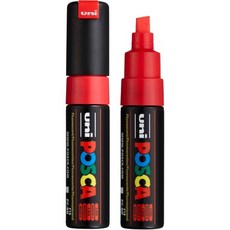 유성 매직 네임펜 패브릭 마카 포카 유니 PC-8K 수성 페인트 마커 넓은 팁 8mm 검은색 2 카운트, FLUORESCENT RED