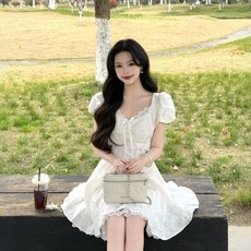 美式蕾絲白色連衣裙子女春季穿搭小個子短裙, 白色短款連衣裙