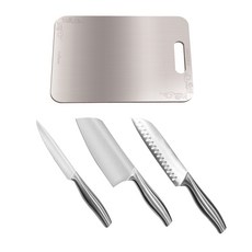 LUCUKU 鈦合金砧板 晶品不鏽鋼三件套刀組, 1套, 砧板x1、水果刀x1、切片刀x1、料理刀x1